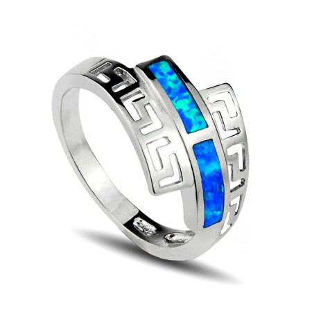 Blue Fire Opal Ring with Greek Key Design - Click Image to Close